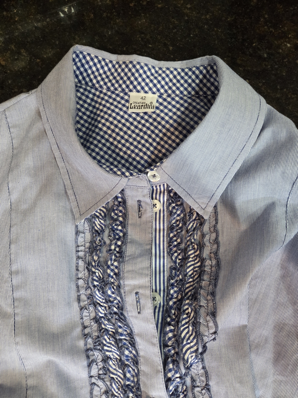 Lardini Blue and White Striped Blouse with Gingham Collar